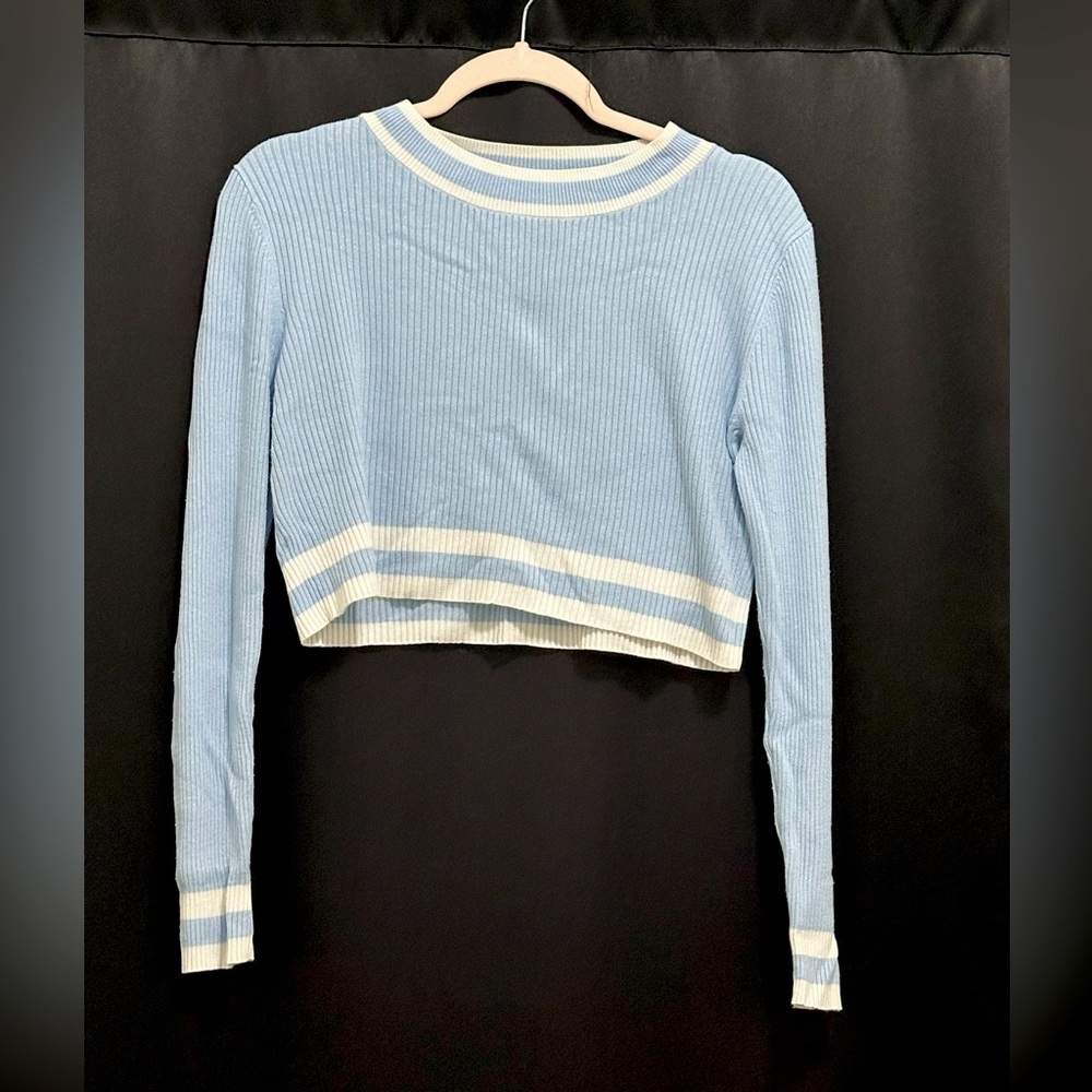 Blue Ribbed Sweater Crop Top